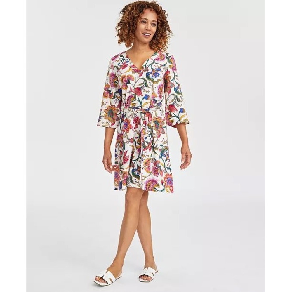 JM Collection Women XL Floral Linen Blend V-Neck Belted Shift Dress Bell Sleeve